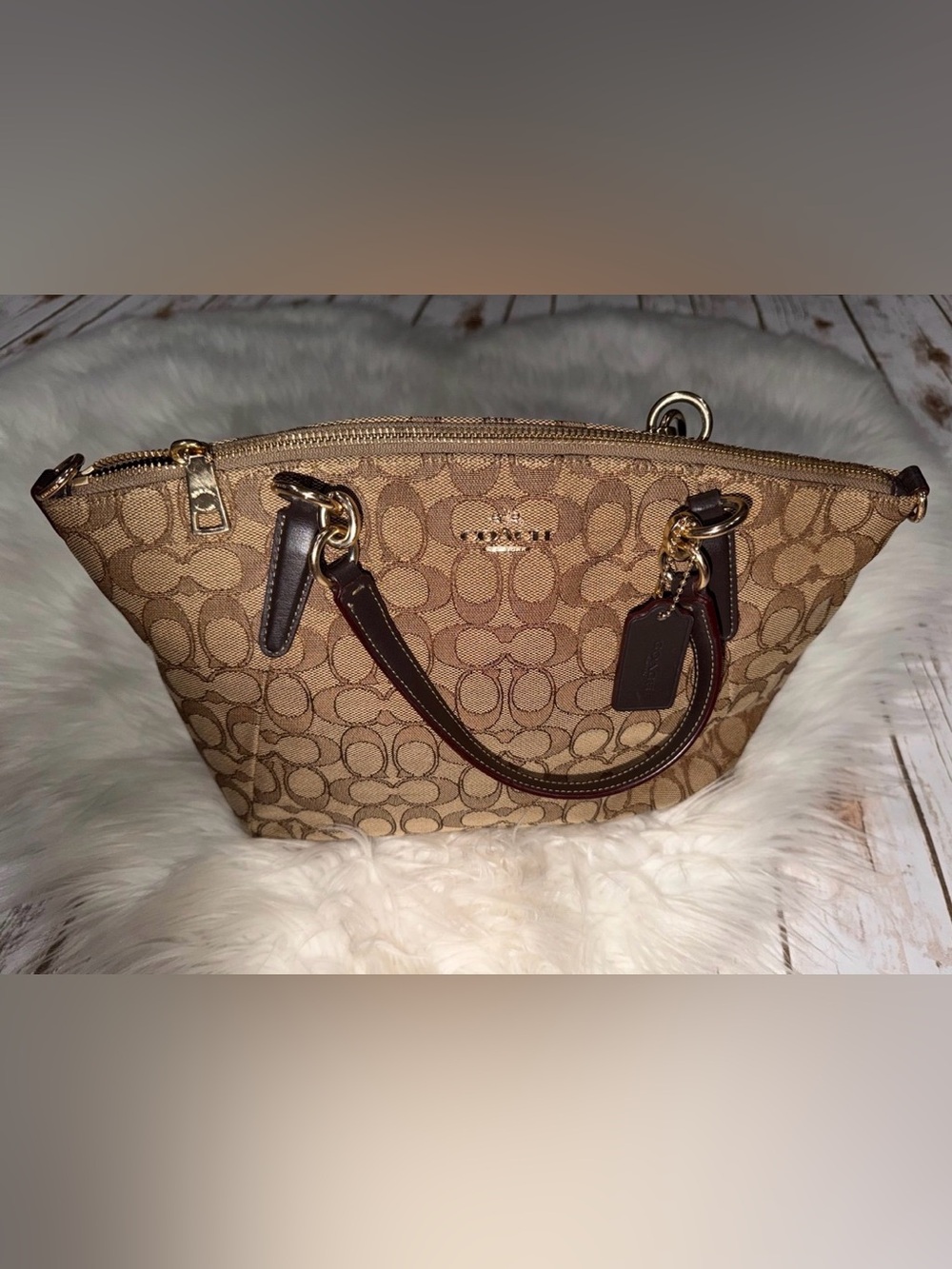 COACH "Kelsey" Khaki Brown Signature Small Satchel Bag (No Long Strap